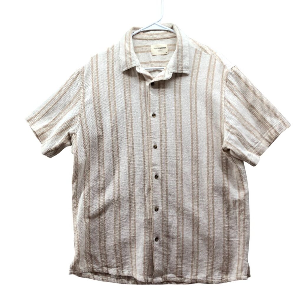 Hudson & Barrow Woven Shirt Mens XL Button‎ Up Beige Striped Short Sleeve Mesh